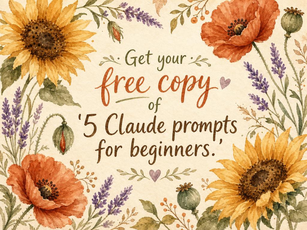 Watercolor sunflowers, poppies, and lavender with text: Get your free copy of 5 Claude prompts for beginners